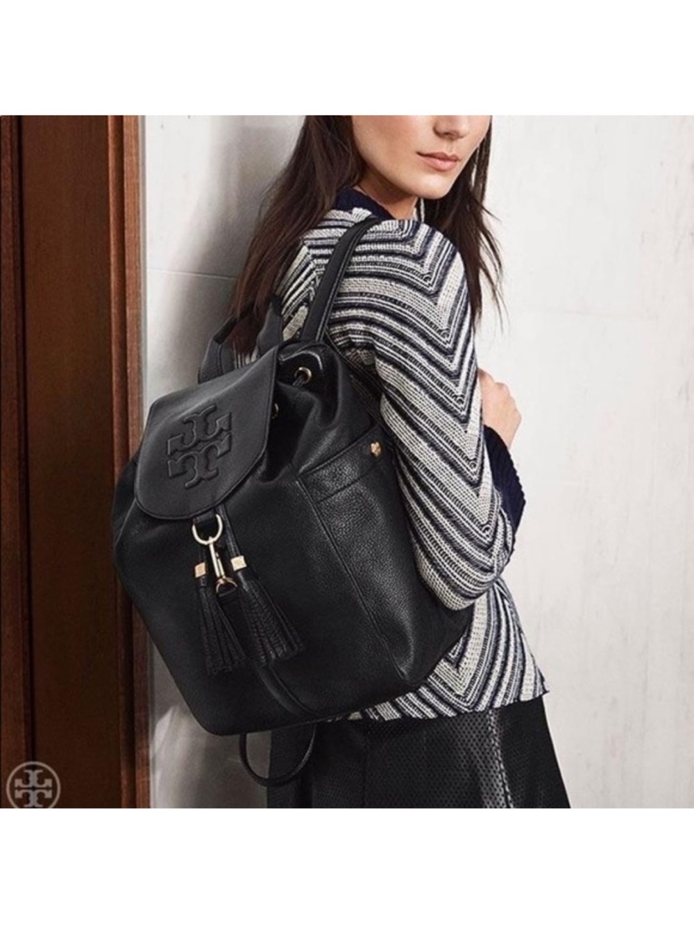 Tory Burch Large Black Thea Tassel Drawstring Bucket Backpack